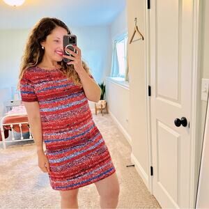 Tory Burch Pima Cotton Red Blue Yarn Print Mini Dress Medium